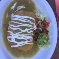 Verde Chimichanga · Deep fried burrito beans, rice, choice of meat, topped with green sauce, sour cream. Side of...