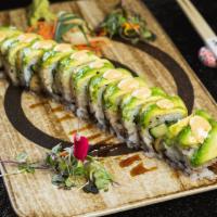 Green Dragon Roll · Shrimp tempura, asparagus topped with sliced avocado and spicy mayonnaise, and Enya made kab...