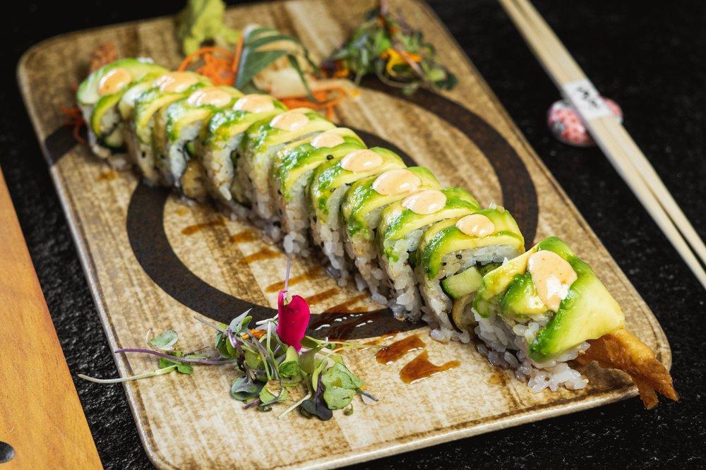Green Dragon Roll · Shrimp tempura, asparagus topped with sliced avocado and spicy mayonnaise, and Enya made kabayaki sauce.