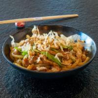 Yaki Udon · Fried udon with sliced pork belly and vegetables or tofu, mushroom, and vegetables.