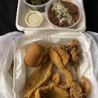 Fish, Shrimp and Oysters Combo Meal · Includes 2 sides.