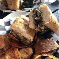 Veggie Balboa · Smoked portabella slices, grilled bell pepper and onions, melted house cheese blend and rose...