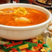 Tortilla Soup · Made fresh daily. Chicken broth with shredded chicken, rice, zucchini, corn on the cob, pico...