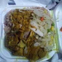 Curried Chicken · Served with rice and peas or white rice. Add-ons for an additional charge.
