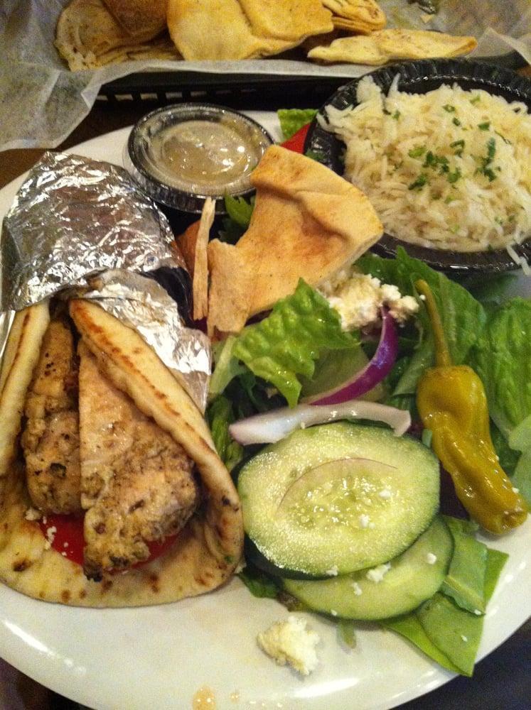 Greek Salad Gyro · Tomatoes, cucumbers, roasted red peppers, red onions, mixed lettuce, feta, and Greek dressing. Vegetarian, vegan. 