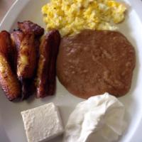 Super Breakfast · 2 eggs any style, refried beans, soft cheese, sour cream, fried plantain, bread or tortilla.