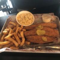 Catfish Platter · Our Catfish Platters include 2 Catfish Fillets, White Bread, Pickles and 2 sides of your cho...