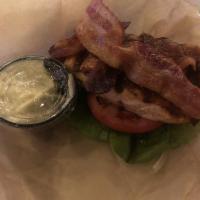 Salmon BLT Sandwich · Grilled to temperature, hydro bibb lettuce, Applewood smoked bacon, tomato and lemon chive a...