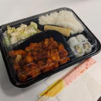 Spicy Chicken Bento · Served with 4 pieces sushi rolls, rice, Shrimp tempura and egg roll. Please tell us if you d...