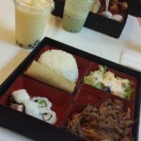 Korean Beef BBQ Bento · Served with 4 pieces sushi rolls, rice, Shrimp tempura and egg roll. Please tell us if you d...