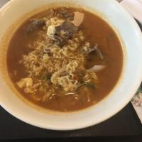 Korean Ramen Noodle · Spicy Korean style noodle soup, oinion, carrot, egg, dried mushroom