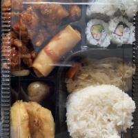 Chicken Teriyaki Bento · Served with 4 pieces sushi rolls, rice, Shrimp tempura and egg roll. Please tell us if you d...