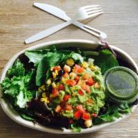 Southwestern 3 Bean Bowl · Sweet corn, chickpeas, black beans, guacamole, mixed greens, and spirulina chimichurri dress...