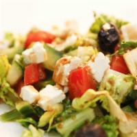 Greek Salad · Lettuce, tomato, cucumber, onion, green bell pepper, Kalamata olives, feta cheese and Greek ...