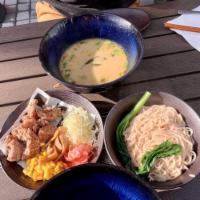 Strike Out Ramen · Thai spicy coconut green curry, fried chicken, lemongrass, Thai basil, scallion, bamboo shoo...