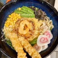 Old Ball Game Ramen · Shrimp tempura, vegetable tempura, agaric mushroom, scallion, bean sprouts, sugar snap peas,...
