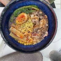 Batter's Favorite Ramen · Traditional beef rib tomato broth, slow cooked for 8 hours, aji tama, bean sprouts, corn, pi...