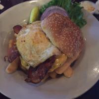 Hangover Burger · Bacon, American cheese and a fried egg.