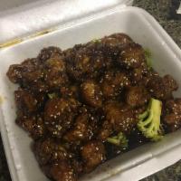 Sesame Chicken · Big chunks of leg meat chicken, lightly battered then deep fried, sauteed with broccoli and ...