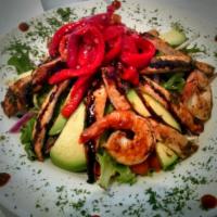 Crazy Jorgio's Salad · It's amazing! Mixed greens, fresh tomatoes, red onions, avocado, grilled chicken, grilled sh...