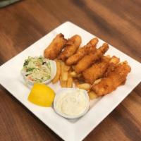 Cod Fish and Chips · Beer and panko battered pacific cod, served with tartar sauce, fries and house slaw.