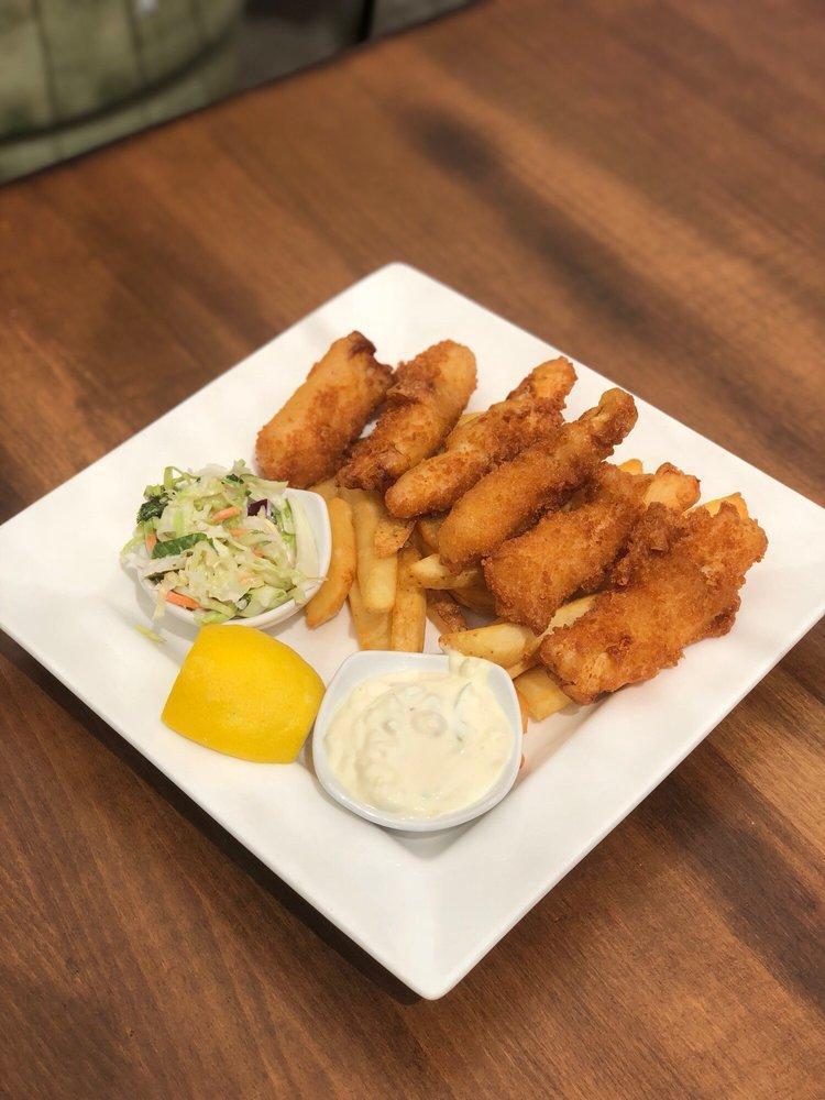 Cod Fish and Chips · Beer and panko battered pacific cod, served with tartar sauce, fries and house slaw.