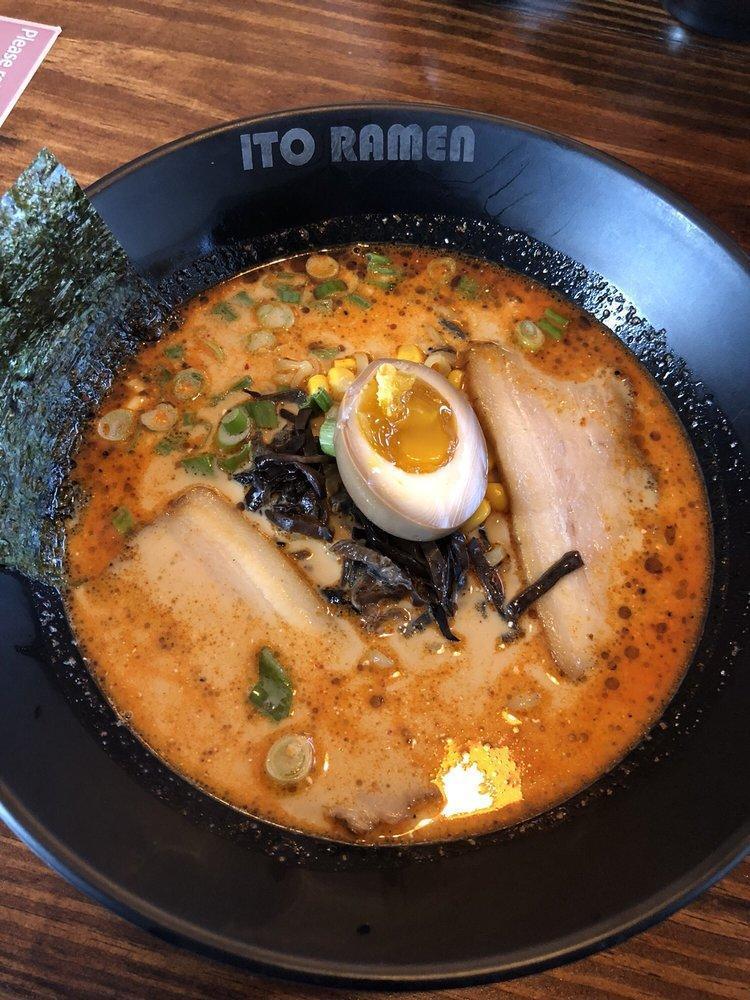Hell Spicy Ramen- Pork Base · Pork slice, half soft egg, green onion, fugus mushroom,corn, 12 house special seasoning make the broth flavorful and spicy. super spicy level we called it Hell Level. Level 1 and 2 is spicy enough. Be careful!