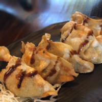 Fried Chicken Gyoza · chicken inside with sauce on top