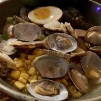 Shio Seafood Ramen · 3 scallops, 3 clams,1 mussel, corn,green onion and bamboo