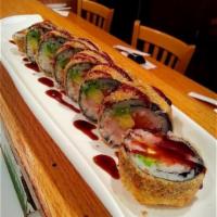 Old Tappan Roll · Tempura roll of tuna, salmon, avocado, crab and white fish with wasabi sauce eel sauce.