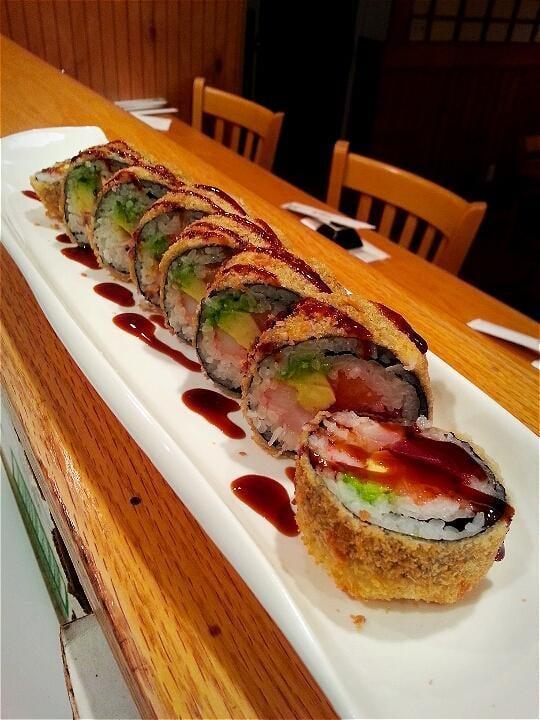 Old Tappan Roll · Tempura roll of tuna, salmon, avocado, crab and white fish with wasabi sauce eel sauce.