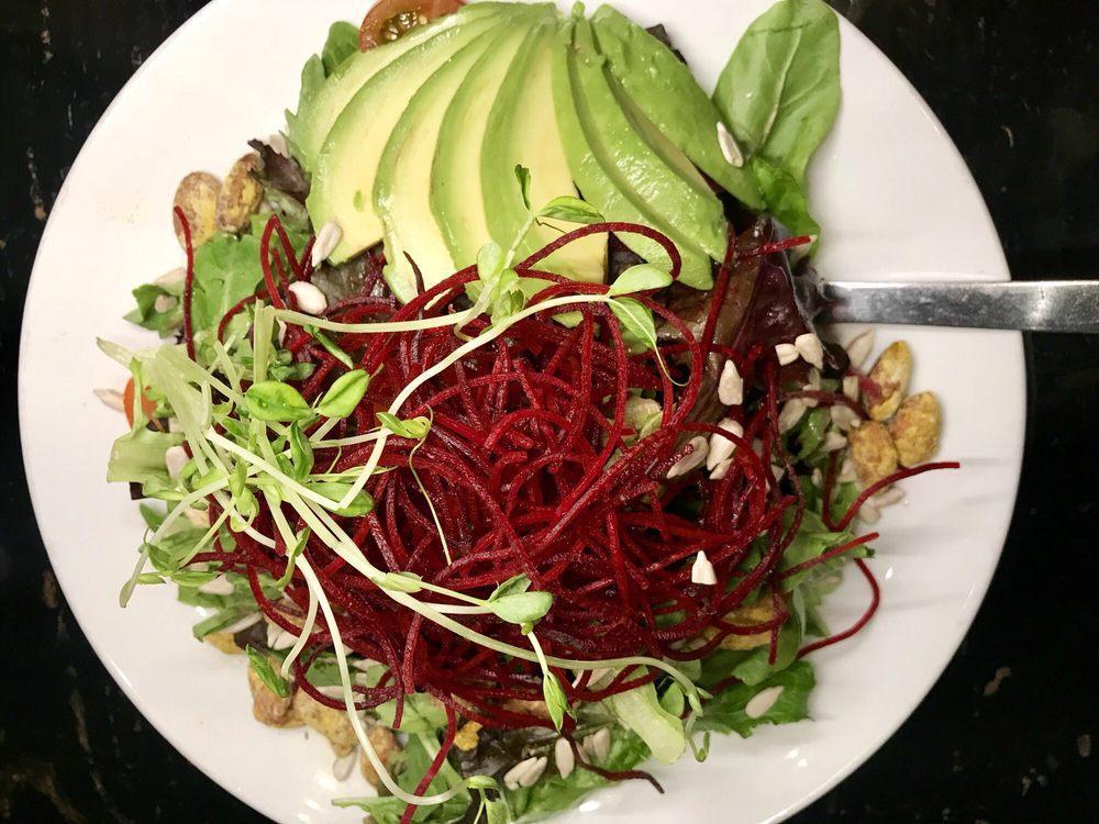 Superfoods Salad · Kale, spinach, mixed green, avocado, curry almond, cherry tomatoes, organic sunflower sprouts, beets and pomegranate-sunflower pesto dressing.
