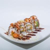 Tiger Roll · Shrimp tempura, crabmeat, avocado, and cucumber topped with shrimp and crunch.