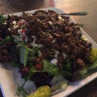 Greek Salad · Romaine lettuce, cucumber, tomatoes, green bell pepper, feta cheese. Kalamata olives and pep...