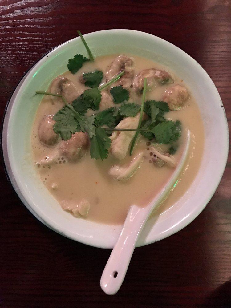 Tom Kha Soup · Hot and sour soup, coconut milk, lemongrass, kaffir lime leaf, onions, galling, mushrooms and cilantro.