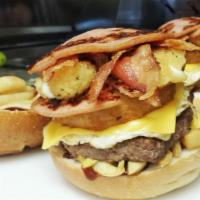 Jersey Big Boy Burger · Burger, bacon, American cheese, fries and mozzarella sticks, onion rings, pork roll, egg and...