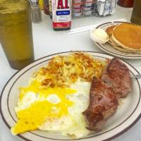 Sirloin Steak and Eggs · Served with hashbrowns, toast or hot cakes.