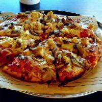 Magic Mushroom Pizza · Red or white sauce, grilled chicken, mozzarella, feta, fresh and cooked mushrooms, and arugu...