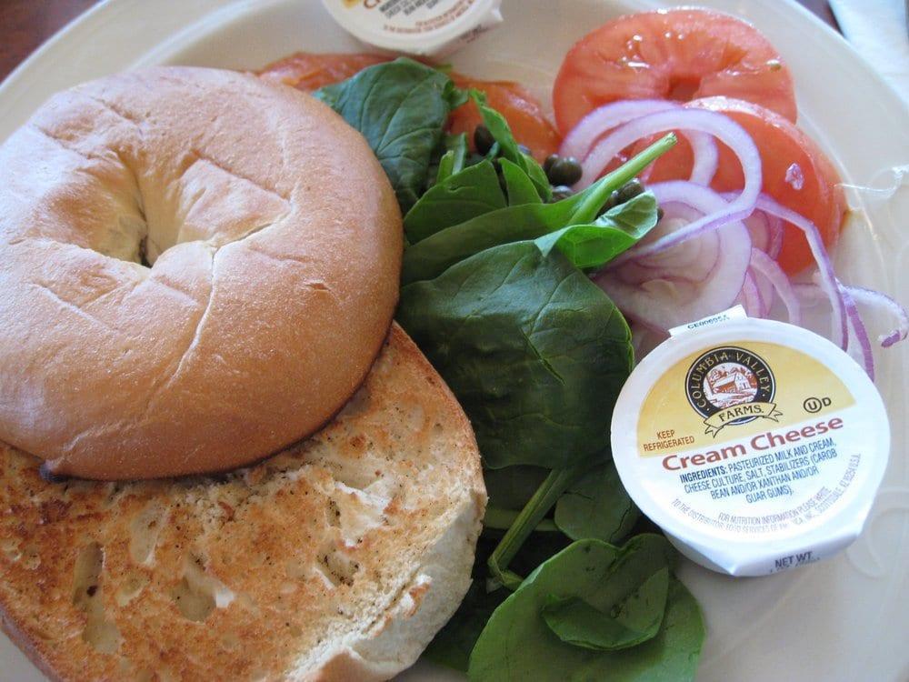 Lox and Bagel · Thinly sliced lox (cold smoked salmon) with capers, sliced red onion, tomato,
spinach leaves; toasted bagel and cream cheese.
