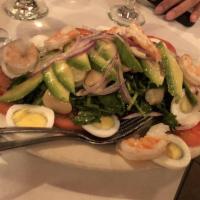 Avocado Salad · Watercress, tomato red onion, avocado, heart of palm, hard boiled egg and butter bean.