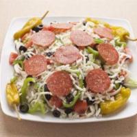 Italian Salad · Black olives, pepperoncini, pepperoni and mozzarella cheese. Served with Romaine and Iceberg...