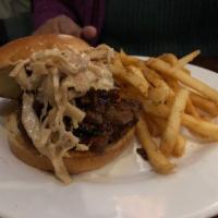 Brisket Sandwich · House-smoked brisket on a toasted brioche bun with Dijon mustard, topped with our special BB...
