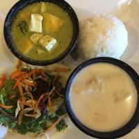 Green Curry · Green curry with Thai spices, coconut milk, pumpkin, carrots and basil.