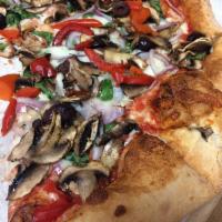 Veggie Pizza · Tomato sauce, mozzarella, spinach, Kalamata olives, mushrooms, red onions and red peppers.