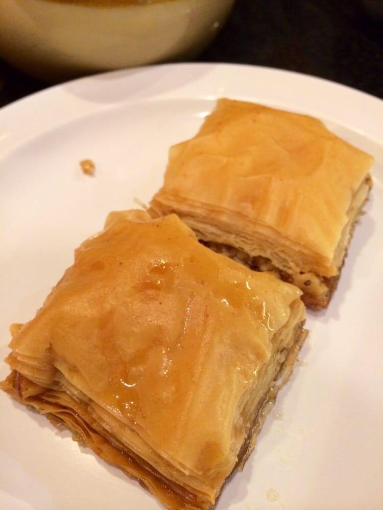 Baklava · 2 pieces. Honey syrup with pistachios baked in filo.