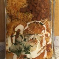 Chicken Enchiladas · 3 soft corn tortillas filled with grilled all white meat chicken. smothered with one of our ...