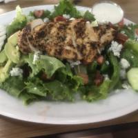 Cobb Salad · Lettuce, tomato, carrots, olives, avocado, blue cheese crumbles, grilled chicken, bacon and ...
