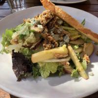 Chicken Apple Salad · Organic mixed greens with grilled chicken, shaved fennel, fuji apples, bleu cheese  walnuts,...