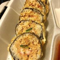 Fire Cracker Roll · 6 pieces. Crabmeat, spicy tuna, jalapeño pepper, deep fried top with red pepper.