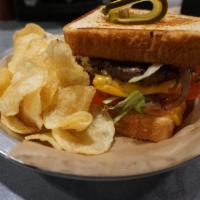 Cheeseburger · 2 Angus beef patties, american cheese, lettuce, tomatoes, grilled onions & matilda sauce on ...